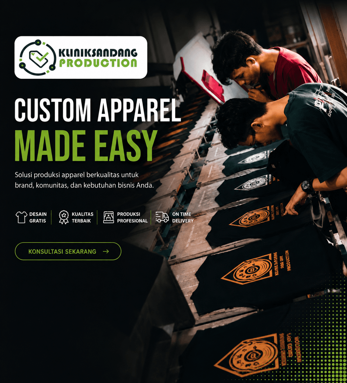 Fasilitas manufaktur apparel modern dengan mesin jahit industri dan tekstil premium